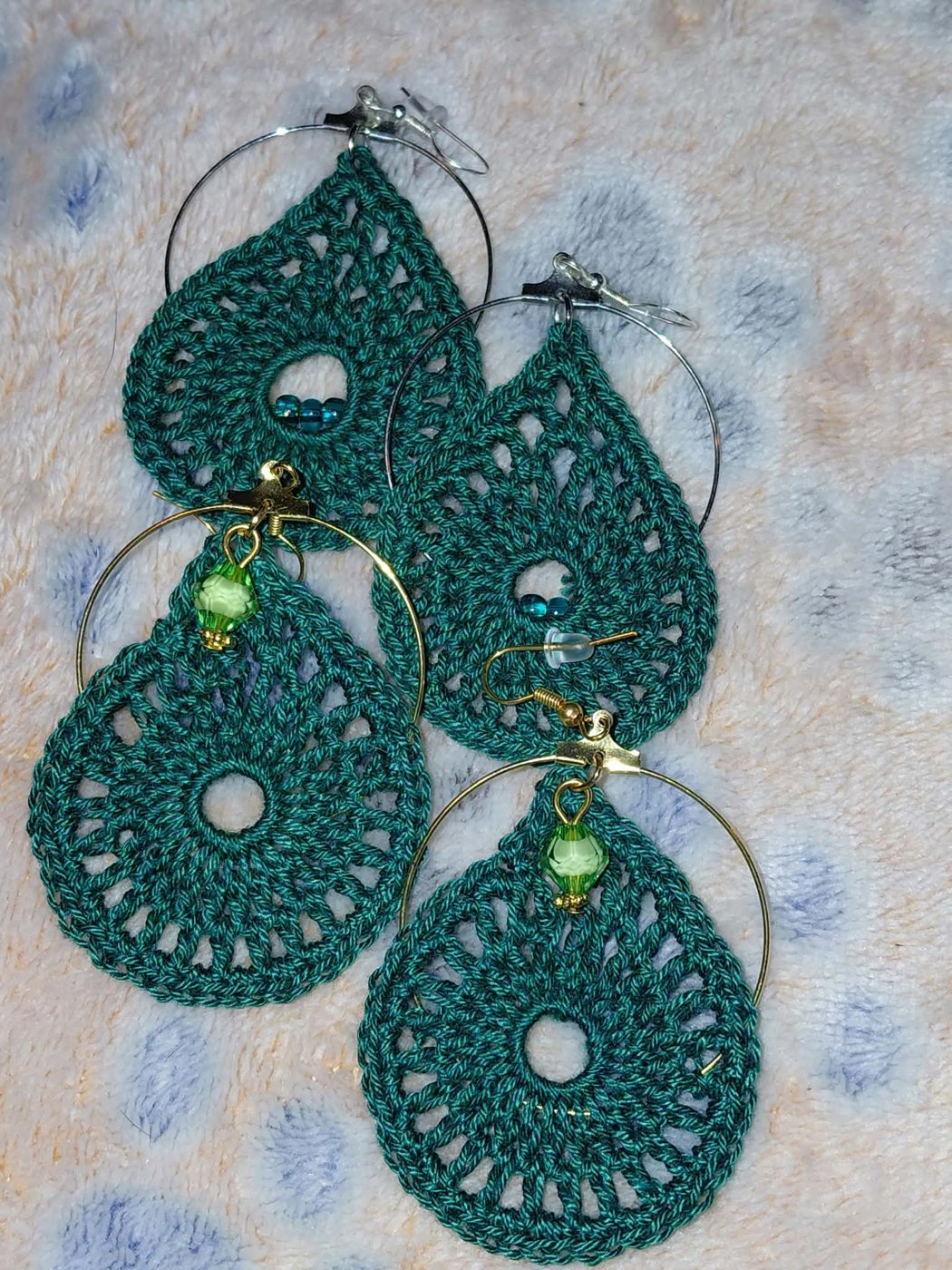Teal lace teardrop hoop earrings with green beads