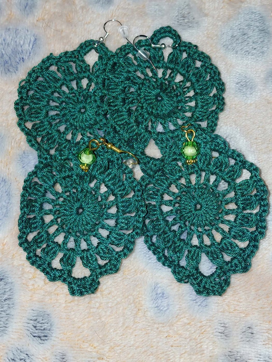 Teal lace round earrings with green beads
